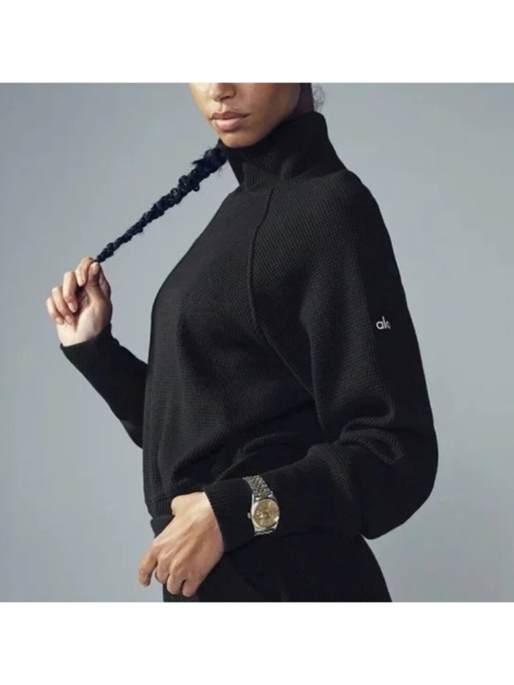 Alo Waffle Weekend Escape Mock Neck Long Sleeve Black Turtleneck Thermal Sweater - Picture 5 of 8